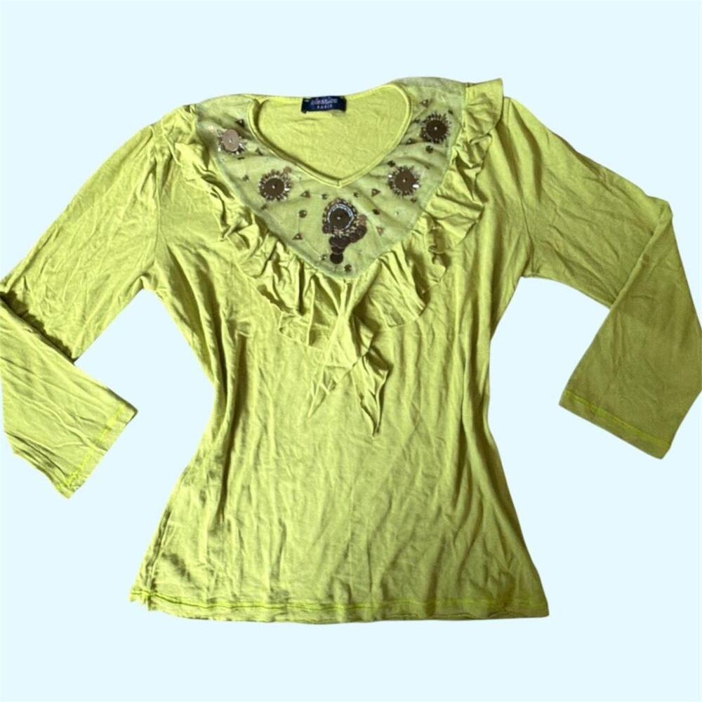 French brand cloarice green long sleeve top with beaded details